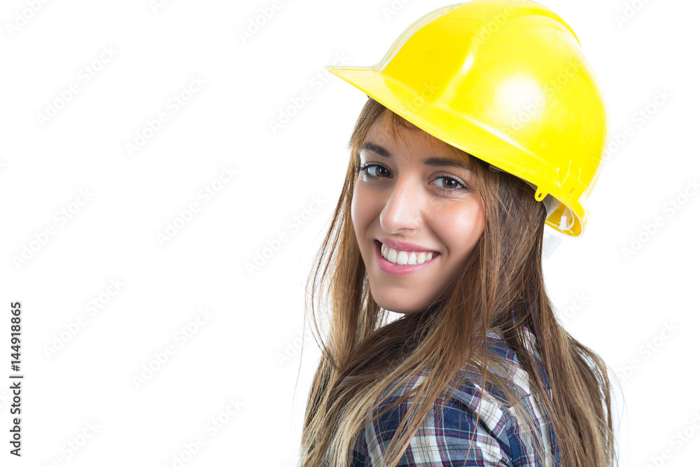 Attractive young woman builder with helmet and work glove. Isolated on white background. Attractive young woman builder with helmet and work glove. Isolated on white background.