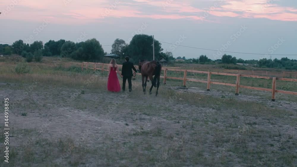 Elegant couple leaves with a horse