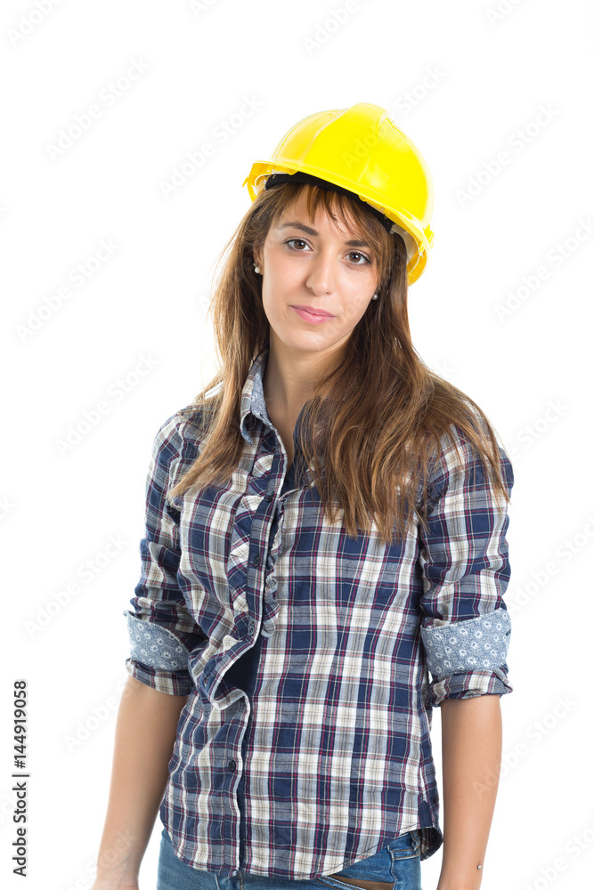 Young woman architect builder verify construction site work. Isolated on white background. Young woman architect builder verify construction site work. Isolated on white background.
