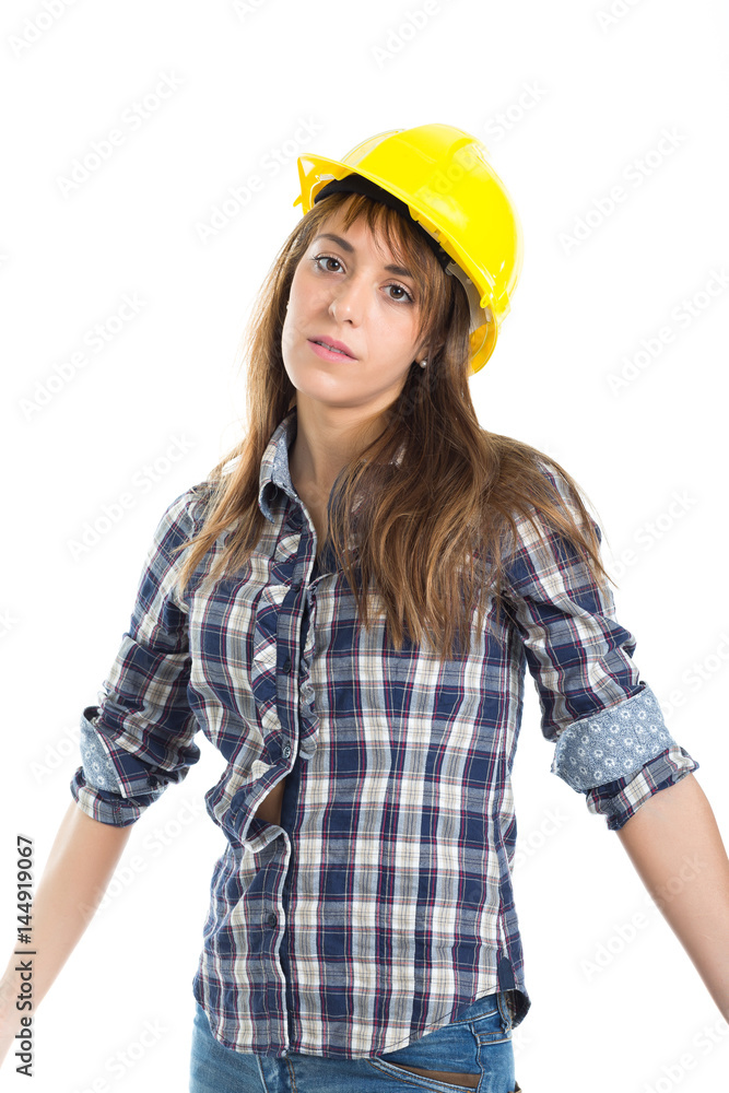 Young woman architect builder verify construction site work. Isolated on white background. Young woman architect builder verify construction site work. Isolated on white background.