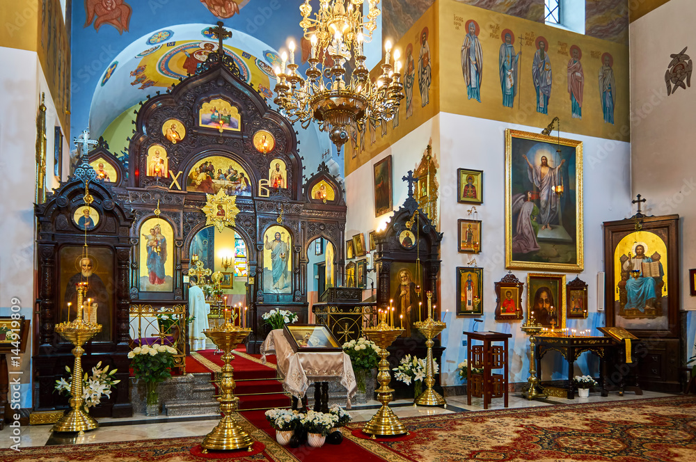 Interior of the St. John Climacus's Orthodox Church during the Holy Easter, Warsaw, Poland.