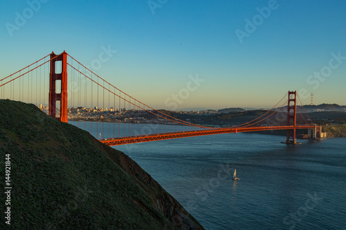 Aerial view of the Golden Gate bridge in San Fransisco during golden hour