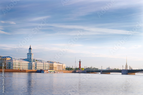 Neva river  Palace bridge and Kunstkamera museum  Cabinet of Curiosities  in St. Petersburg  Russia.