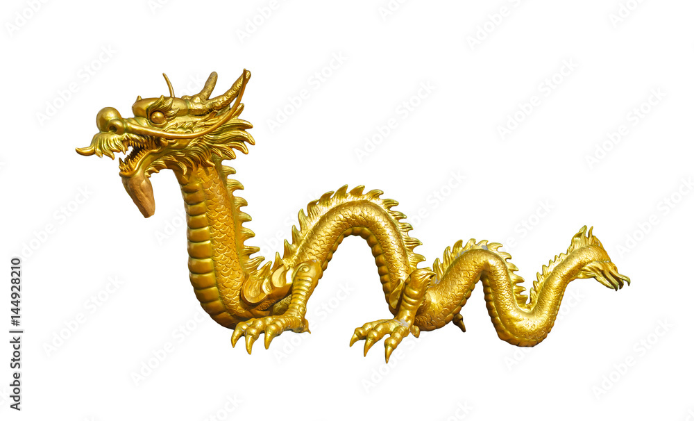 Gold dragon statue isolated on white background