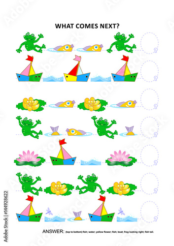 Pond life themed educational logic game training sequential pattern recognition skills: What comes next in the sequence? Answer included.
