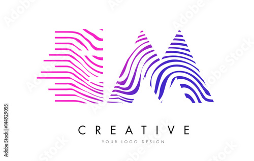 EM E M Zebra Lines Letter Logo Design with Magenta Colors
