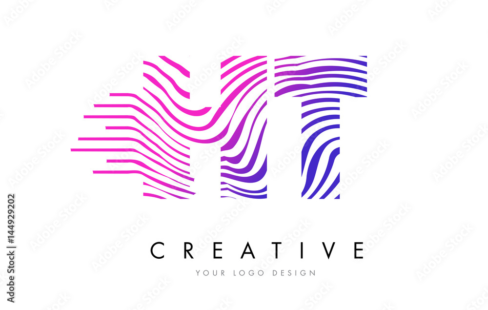 HT H T Zebra Lines Letter Logo Design with Magenta Colors