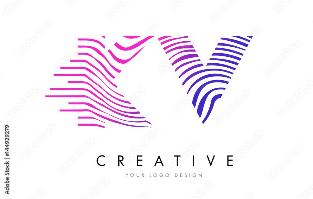 KV K V Zebra Lines Letter Logo Design with Magenta Colors