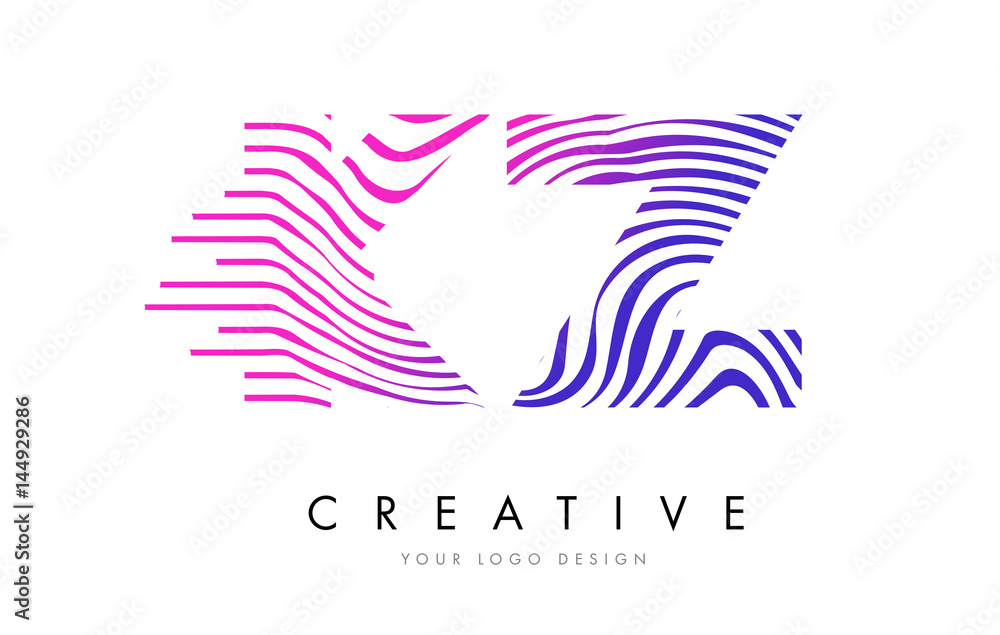 KZ K Z Zebra Lines Letter Logo Design with Magenta Colors