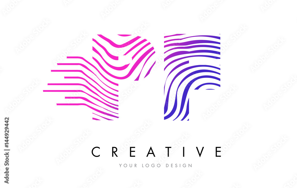 PF P F Zebra Lines Letter Logo Design with Magenta Colors