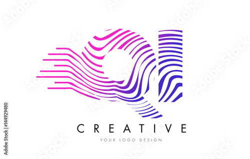 QI Q I Zebra Lines Letter Logo Design with Magenta Colors