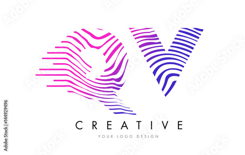 QV Q V Zebra Lines Letter Logo Design with Magenta Colors