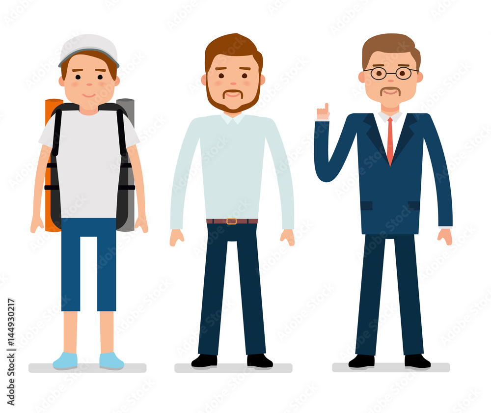 Flat vector illustration. The young traveler, a clerk and businessman. White background. User avatars