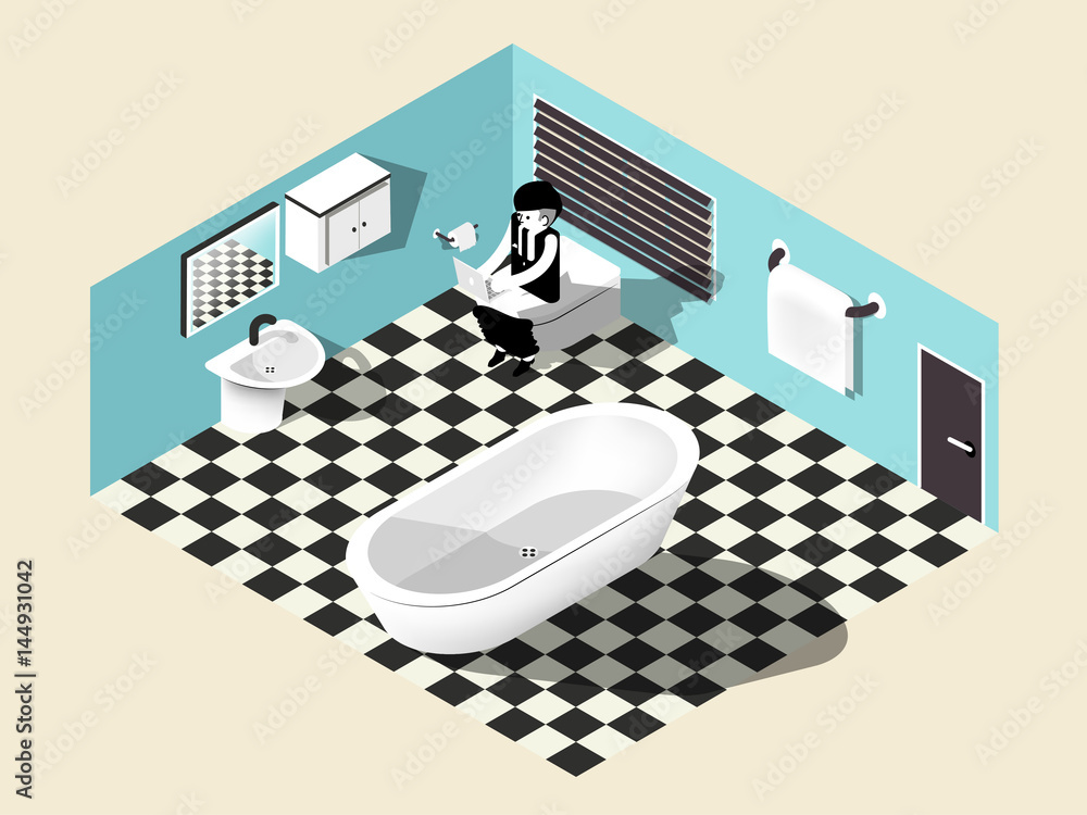 Isometric illustration vector of man sitting on flush toilet in rest