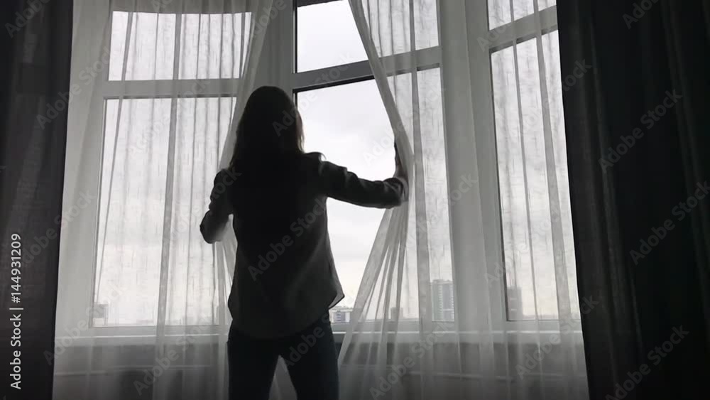 Woman Unveil Curtains in Room, Slow Motion Woman Unveil Curtains in Room, Slow Motion