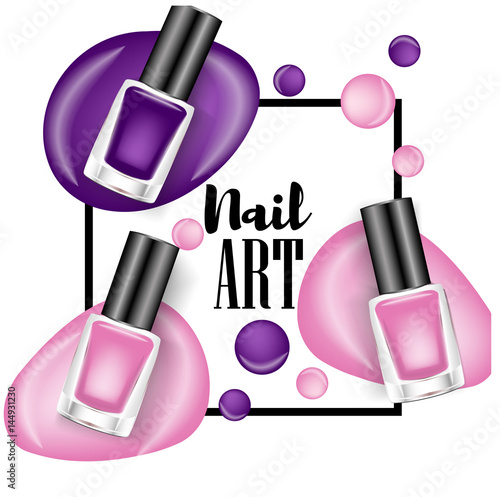 Beautiful colorful nail lacquer ads, glass bottle elements,vector realistic