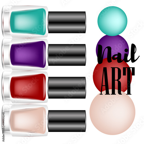 Beautiful colorful nail lacquer ads, glass bottle elements,vector realistic