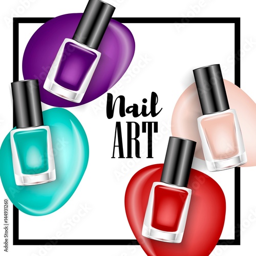 Beautiful colorful nail lacquer ads, glass bottle elements,vector realistic