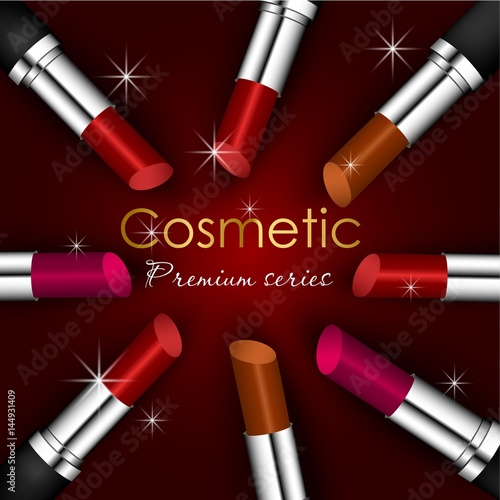 Beauty concept, idea for a magazine, cosmetic cosmologist. Three lipsticks shades in a black case realistic illustration. Product Decorative cosmetics. 3d