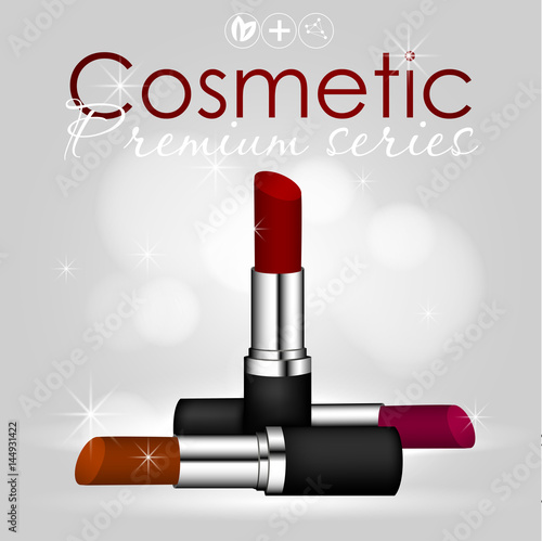 Beauty concept, idea for a magazine, cosmetic cosmologist. Three lipsticks shades in a black case realistic illustration. Product Decorative cosmetics. 3d