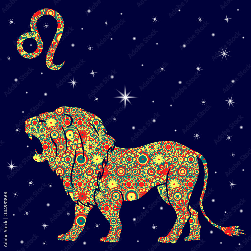 Zodiac Sign Leo With Variegated Flowers Fill Over Starry Sky Stock ...