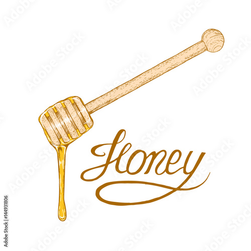 Hand drawn honey stick with drop. Vector sketch