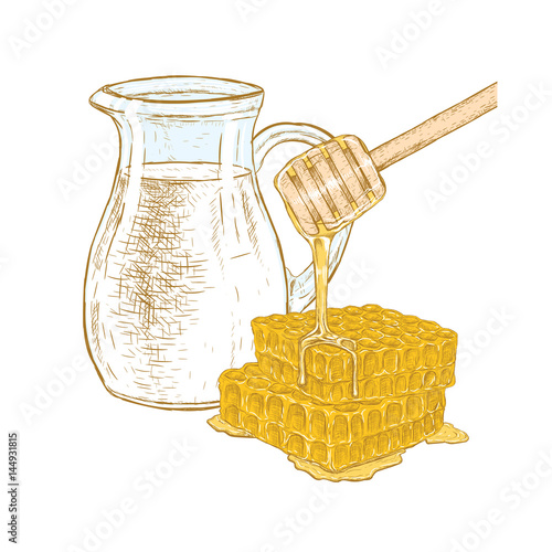 Hand drawn set of milk and honey. Vector sketch