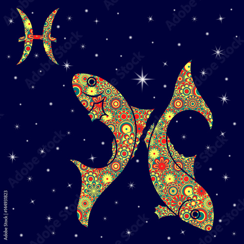 Zodiac sign Pisces with variegated flowers fill over starry sky