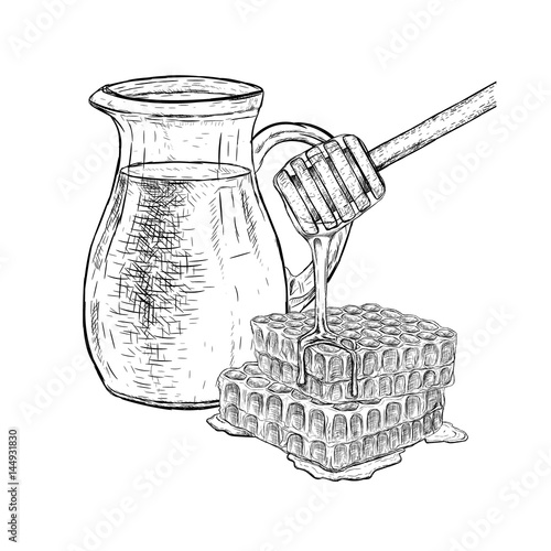 Hand drawn set of milk and honey. Vector sketch