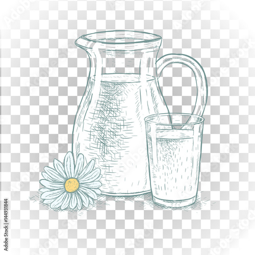 Hand drawn milk jug and glass of milk with daisy. Vector sketch