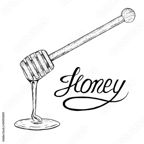 Hand drawn honey stick with drop. Vector sketch