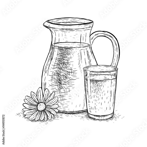 Hand drawn milk jug and glass of milk with daisy. Vector sketch