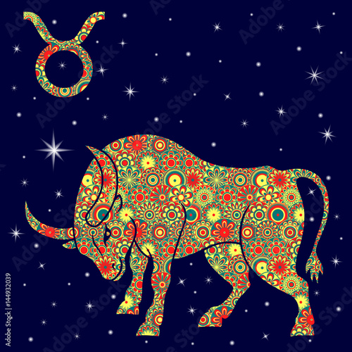 Zodiac sign Taurus with variegated lowers fill over starry sky