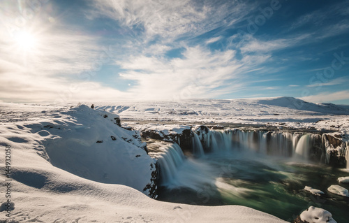 Landscaped, Godafoss water fall at winter in Iceland with bright sunlight © SasinParaksa