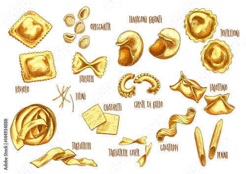 Vector sketch icons of Italian pasta sorts variety