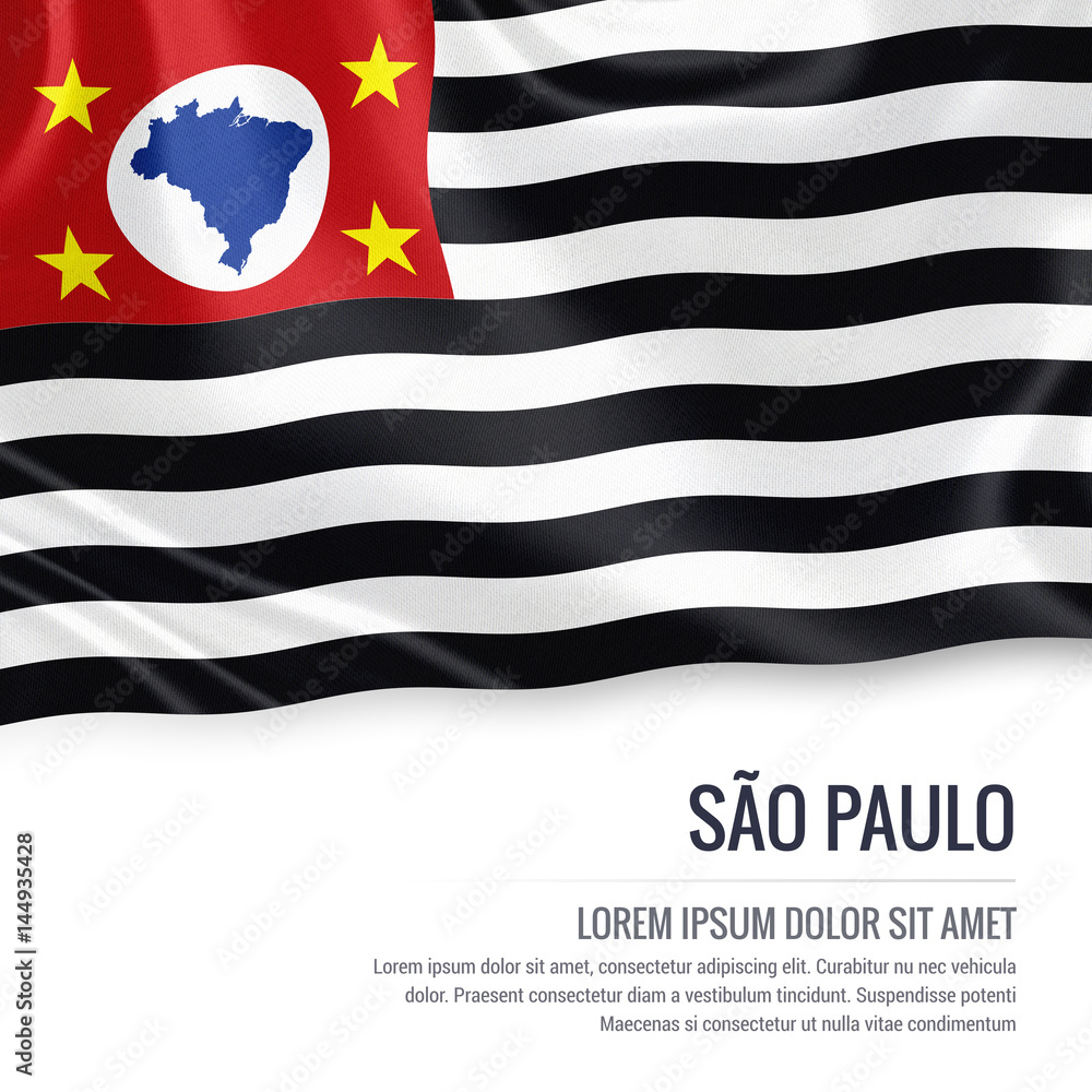 Fototapeta Flag of Brazilian state Sao Paulo waving on an isolated white background. State name and the text area for your message.