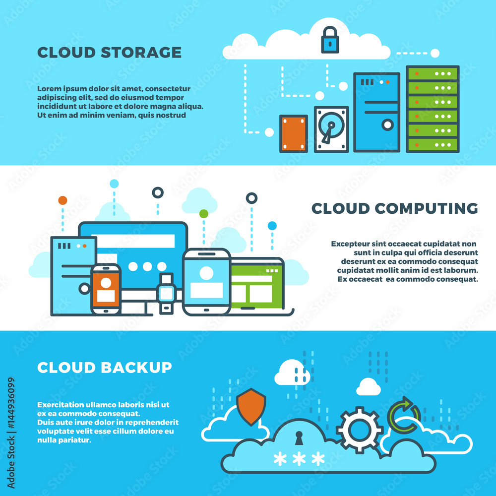 Cloud computing solution, data storage business services, information technology vector banners set