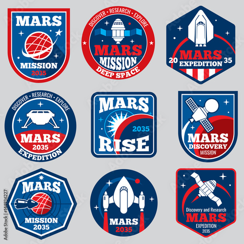 Mars mission vector space emblems. Astronaut travel badges