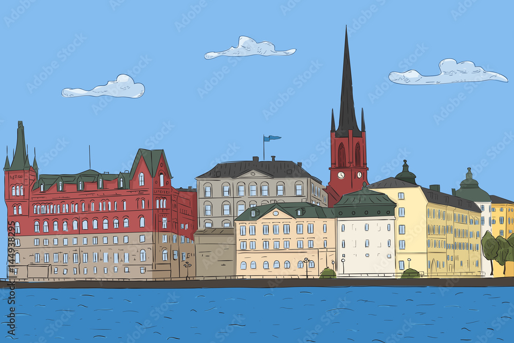 Old city landscape. Stockholm. Vector illustration