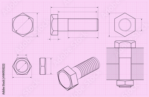 Bolt. Technical drawing on pink draft paper