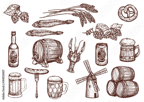 Vector sketch icons of beer snacks and brewery photo