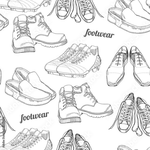 hand drawn seamless pattern Men Footwear. Casual and sport style, gumshoes for man. Shoes for all seasons. Retro and vintage paper. Doodle, drawing wallpaper, wrapping paper, backdrop.