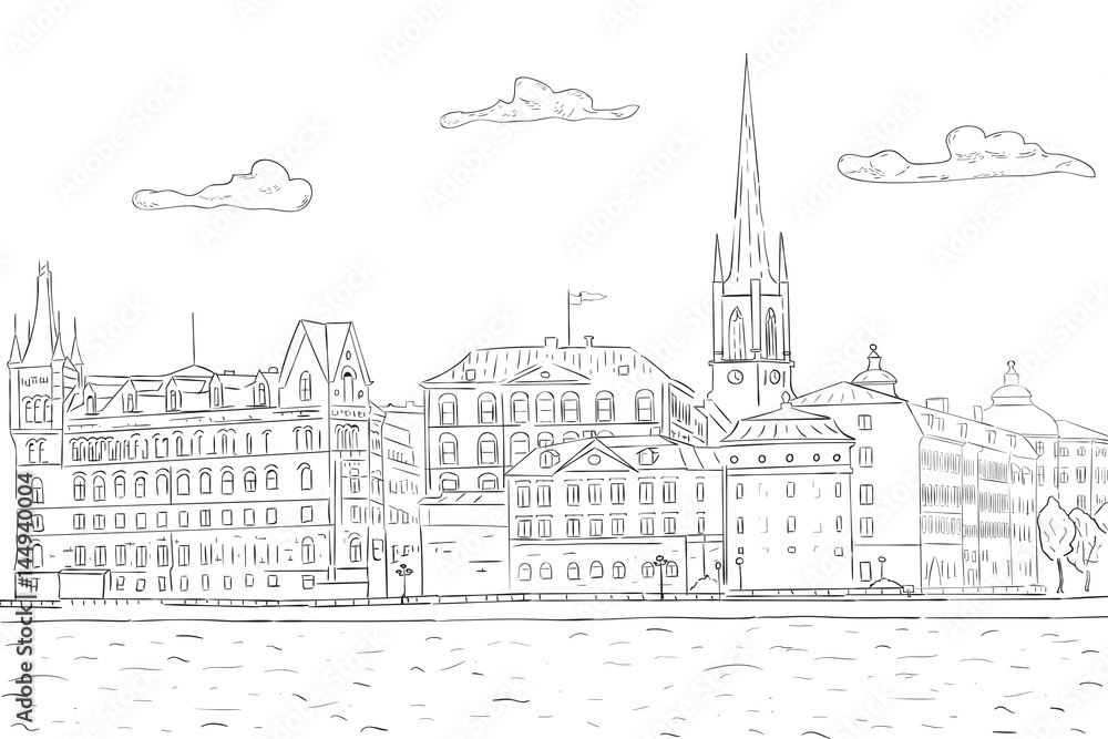 Old city of Stockholm, lake view. Hand drawn sketch