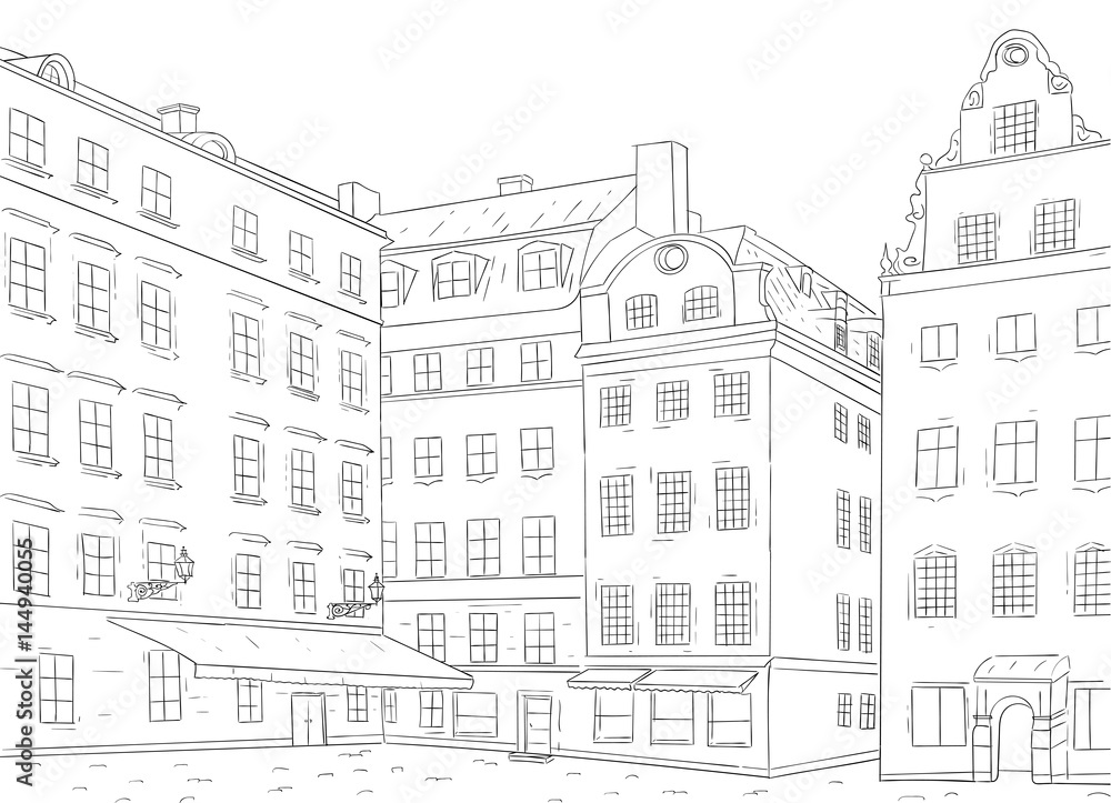 Stortorget square in old city of Stockholm. Hand drawn sketch