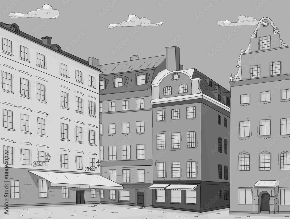 Stortorget square in old city of Stockholm. Hand drawn sketch. Grayscale illustration