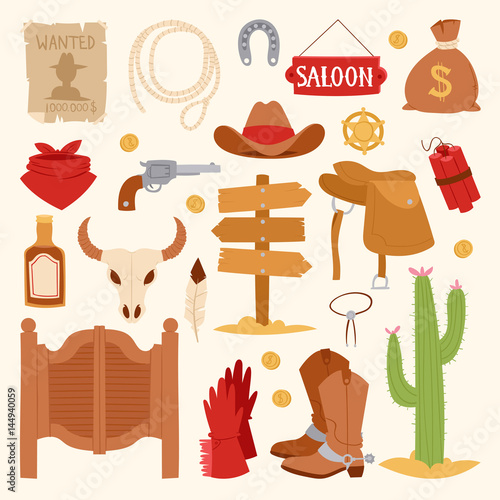 Wild west cartoon icons set cowboy rodeo equipment and different accessories vector illustration.