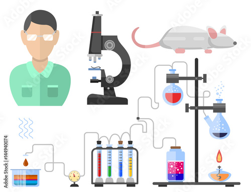 Lab symbols test medical laboratory scientific biology design molecule microscope concept and biotechnology science chemistry icons vector illustration.