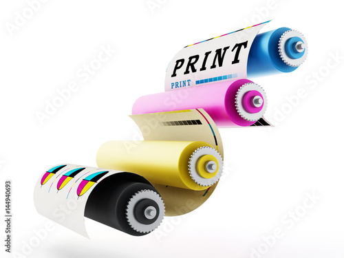 CMYK Printing press with test print. 3D illustration