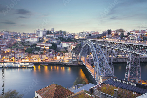 Porto old city and Douro river at night, Portugal