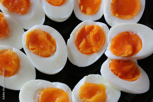 Halves of boiled Eggs on Plate